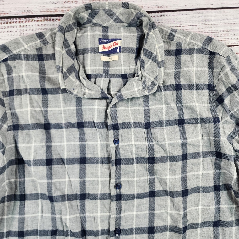 Johnnie-O Hangin Out Fischer Plaid Shirt Mens L Gray Blue Button Down JMWL 7000